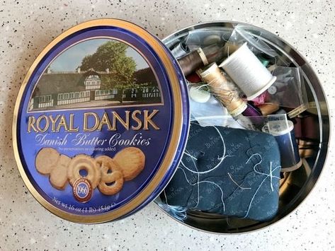 Here's Why People Started Storing Sewing Kits Inside Those Blue Danish Cookie Tins Danish Biscuits, Butter Cookies Tin, Sewing Kit Storage, Diy Storage Solutions, Sewing Kit Box, Danish Cookies, Grandma Cookies, Danish Butter Cookies, Cookie Container