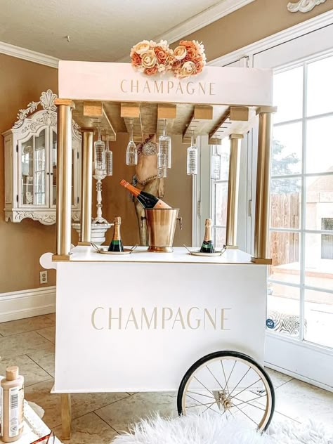 Mobile Bar Cart Rental, Party Carts Ideas, Party Carts Ideas Diy, Cart Bar, Champagne Cart Wedding, Mimosa Cart, Champagne Cart, Roda Gerobak, Party Rental Business Ideas