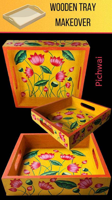 Lotus tray Painting Wooden Trays Ideas, Madhubani Tray Painting, Painting Ideas On Wooden Boxes, Wooden Tray Makeover, Hand Painted Trays Ideas, Pichwai Hanging, Wood Tray Painting Ideas, Pichwai Lotus Painting, Pichwai Paintings Lotus