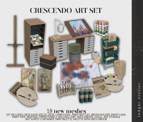 Cresendo Art Set with Bonus Items (Atelier Tier) - The Sims 4 Download - SimsFinds.com Sims 4 Cc Craft Room, Cc Drawing, Cc Clutter, Pink Princess Room, Patreon Art, The Sims 4 Lots, Furniture Cc, Mod Decor, Sims 4 Download