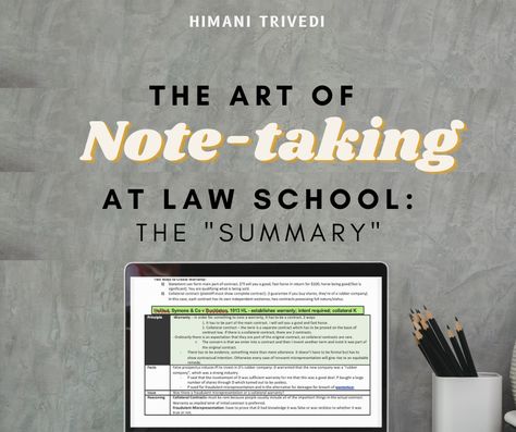 Success in law school is a four step process; doing your readings, taking notes, organizing those notes, and then studying them in preparation for the exam.

This week in Himani’s latest article she discusses how to organize and summarize your notes using the “summary” method.

To learn about the art of note-taking in law school check out Himani’s latest article! Law School Organization, Law School Preparation, Law School Prep, Law School Life, Law Notes, Law School Inspiration, Study Planner Printable, School Essay, Studying Law