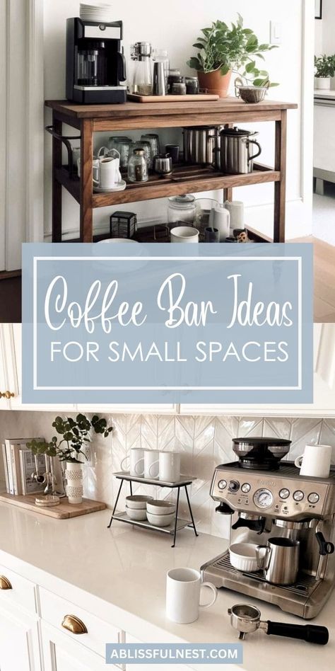 Don't let limited space cramp your coffee-loving style! Coffee bar ideas for small spaces can help you maximize your area while still enjoying your favorite brews. Think vertical storage, multi-functional furniture, and clever organization to make the most of every inch. #smallkitchen #coffeelover #coffeecornerideas Style Coffee Bar, Coffee Bar Ideas Kitchen Counter, Coffee Bar Cart, Coffee Organization, Coffee Bar Station, Coffee Bar Ideas, Diy Coffee Bar, Tea Station, Cart Ideas