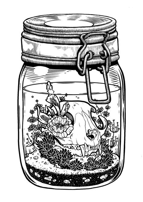 Crystal Jars, Awesome Drawing, Geniale Tattoos, Jar Art, 자수 디자인, Animal Skulls, Skull Art, Ink Art, Linocut