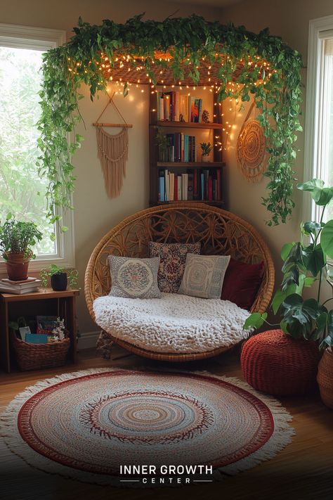 A cozy corner with a wicker chair, bookshelves, and hanging plants creates a serene reading nook. Nurture Your Soul, Meditation Corner, Cozy Reading Corners, Reading Nooks, Colors And Patterns, Book Corners, Living Room Decor Cozy, Apartment Inspiration, Dream Rooms