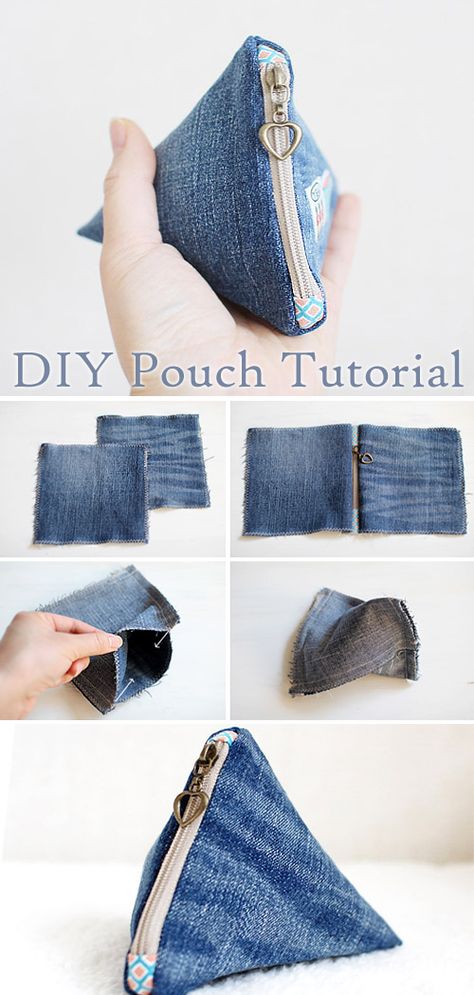 Triangle Zipper Pouch Pattern, Triangle Pouch Tutorial, Fabric Zipper Pouch, Jeans Pouch Diy, Denim Zipper Pouch, Triangle Pouch Pattern, Zipper Pouches To Sew, Diy Cloth Bag, Diy Change Purse