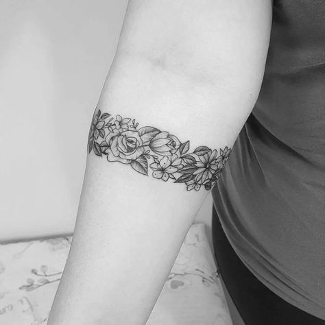 Anklet Tattoos Wrap Around Flower, Flower Band Tattoo, Arm Cuff Tattoo, Wrap Around Ankle Tattoos, Ankle Band Tattoo, Forearm Cover Up Tattoos, Wrap Around Wrist Tattoos, Wrist Band Tattoo, Cuff Tattoo