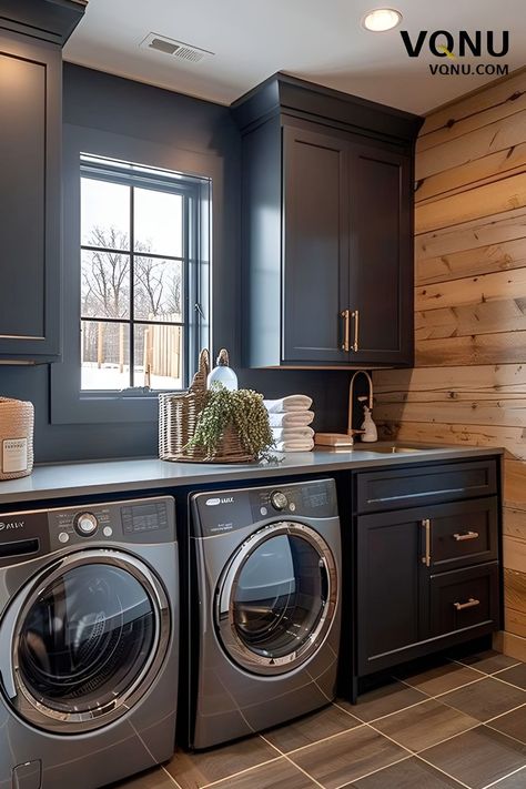 Manly Laundry Room, Laundry Room Ideas Dark Cabinets, Dark Gray Washer And Dryer Laundry Room, Mountain Home Laundry Room, Masculine Laundry Room, Rustic Modern Laundry Room, Modern Farmhouse Laundry Room Design, Laundry Room With Dark Appliances, Laundry Room With Black Cabinets