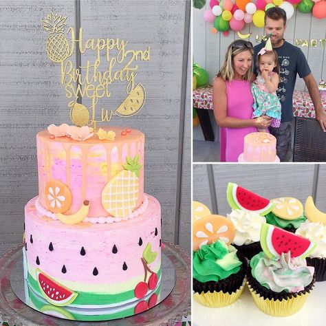 The Couture Cakery on Instagram: “I had so much fun creating Liv's Tutti Frutti theme cake and cupcakes for her 2nd birthday. The buttercream drip cake included fruit I…” Tutti Fruity Cake, Buttercream Drip Cake, Buttercream Drip, Fruity Cake, Summer Party Themes, Cupcake Birthday Cake, Twins 1st Birthdays, Cake And Cupcakes, Drip Cake