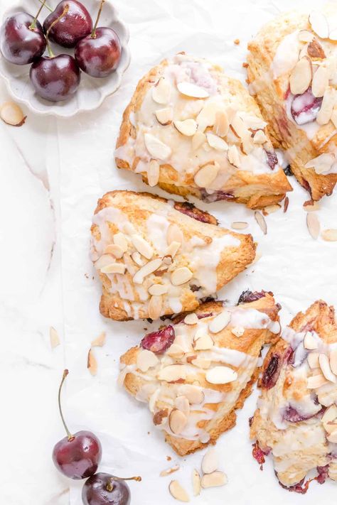 Cherry Almond Scones with Almond Glaze - Maple and Thyme Cherry Almond Scones Recipe, Cranberry Almond Scones, Almond Scones Recipe, Cherry Almond Scones, Cherry Scones Recipe, Cherry Loaf Cake, Easy Scone, Almond Scones, Basic Scones