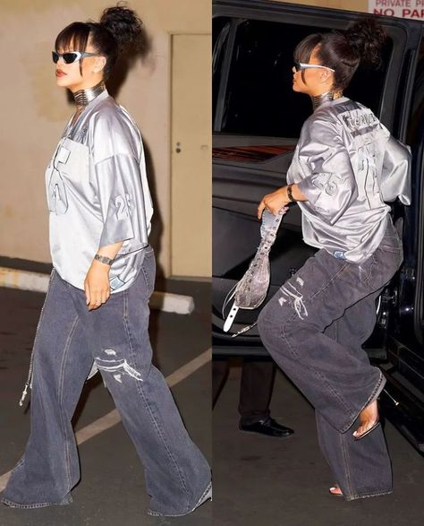 Rihanna Jeans Outfit, Rihanna Fits, Rihanna Jeans, Modest Aesthetic, Rihanna Fashion, Alien Superstar, Ripped Baggy Jeans, Rihanna Street Style, Tomboy Femme