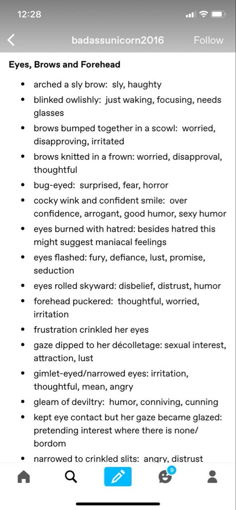 Body Gestures Writing, Describing Eyes In Writing, Descriptive Words For Facial Expressions, Writing Smiles, Eyes Description Writing, Eye Descriptions For Writing, Brown Eyes Description Writing, How To Write An Angry Character, Eye Expressions Writing