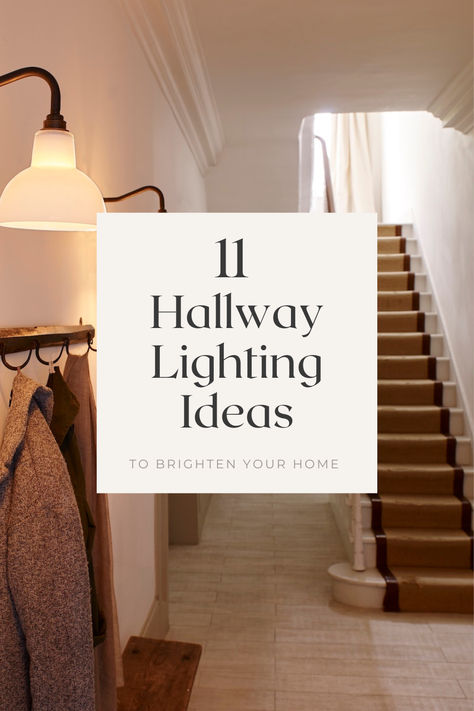 A spacious hallway with opal glass wall lights. Sconces On Stairs, Lighting For Dark Hallways, Light Fitting Ideas, Sconces In Hallway Ideas, Light Fittings Hallway, Entry Hall Lights, Stair Landing Lighting, How To Lighten A Dark Hallway, Lighting For Staircase