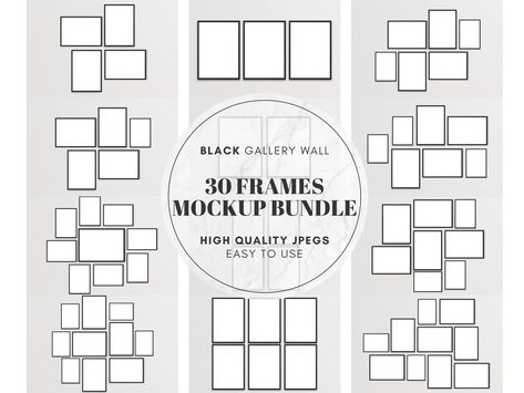 "Introducing the perfect addition to your digital art collection! This Digital Print Bundle features 30 stunning Black Frame Mockups, including Horizontal and Landscape Posters Frames. You can use these high-quality, JPG Digital Download frames to showcase your artwork, create a Gallery Wall Art, or add a touch of elegance to your home, office, or dorm decor. With these Printable Art frames, you can easily transform any space into a trendy and minimalist oasis. These Abstract and Modern frames a 5 Picture Frames On The Wall Layout, 3 16x20 Picture Display, Gallery Wall With 4 Frames, Gallery Wall 7 Frames, Gallery Wall With 5x7 Photos, Lounge Pictures Wall, Black Picture Frame Collage Wall, 8x10 And 5x7 Photo Wall, Gallery Wall With 7 Frames