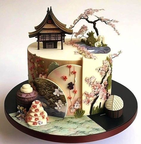 Japanese Cake Design, Japanese Wedding Cake, Japanese Wedding Cakes, Beautiful Pie Crusts, Chinese Cake, Chinese Wedding Decor, Japanese Cake, Cupcake Tutorial, New Year's Cake