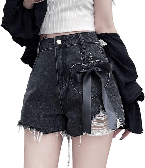 ZLMuMulin Y2K Harajuku Style Kawaii Pastel Gothic Fashion High Waisted Wide Leg Vintage Ribbon Ripped Jeans Shorts Goth Kawaii Fashion, Vintage Y2k Outfits, Harajuku Fashion Kawaii, Drama Clothes, Ripped Jeans Shorts, Kawaii Shorts, Grey Clothing, Pastel Goth Outfits, Y2k Harajuku