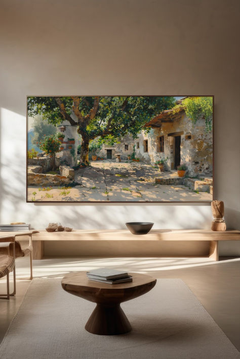 Transform your Samsung Frame TV into a Mediterranean garden oasis with our exquisite TV art painting. This vibrant summer landscape brings the beauty of a lush garden right into your living room, bedroom, or office, creating a serene and captivating atmosphere. Perfect for enhancing your home decor, this art piece turns your TV into a stunning focal point even when it's off. Click to explore more and elevate your space with this beautiful Mediterranean garden art for your Frame TV! #TVArt Samsung Frame Tv Bedroom, Samsung The Frame Tv Living Room, The Frame Samsung Ideas, Frame Tv Living Room, The Frame Tv Samsung, Frame Tv Gallery Wall, Tv Gallery Wall, Summer Frame, Samsung Art Tv