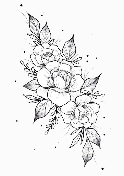 Flower Design Tattoos For Women, Best Flowers To Tattoo, Tiger And Flowers Tattoo Design, Japenses Tatoos Design Flowers, Floral Shoulder Tattoo Design, Plus Size Rib Tattoo, Marigold And Rose Tattoo, Tattoo Flower Stencil, Tattoo Cover Up Before And After