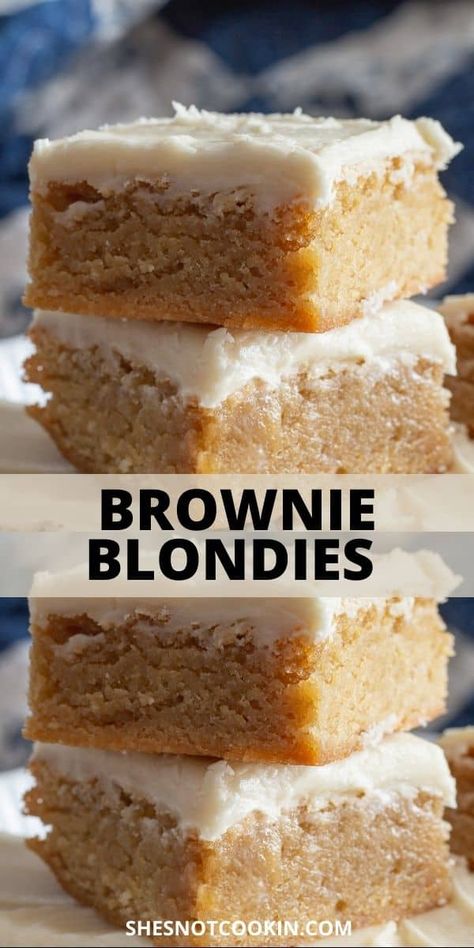 This easy recipe for brownie blondies has easy to follow step-by-step instructions and photos. These brownies have a dense texture, sweet butterscotch flavour and a luscious cream cheese icing. Church Desserts, Chocolate Coconut Brownies, Blondies Recipe Easy, Blondies Brownies, Blondie Recipes, Butterscotch Brownies, Blondie Recipe, Blondies Recipe, Blondie Brownies