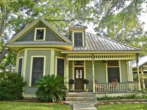 OldHouses.com - 1900 Victorian - Victorian Travis Heights in Austin, Texas Sage Green Victorian House, Green Victorian House, Folk Victorian House, Sage Cottage, Meadow Cottage, Victorian Exterior, Enchanted Cottage, Victorian House Plans, Folk Victorian