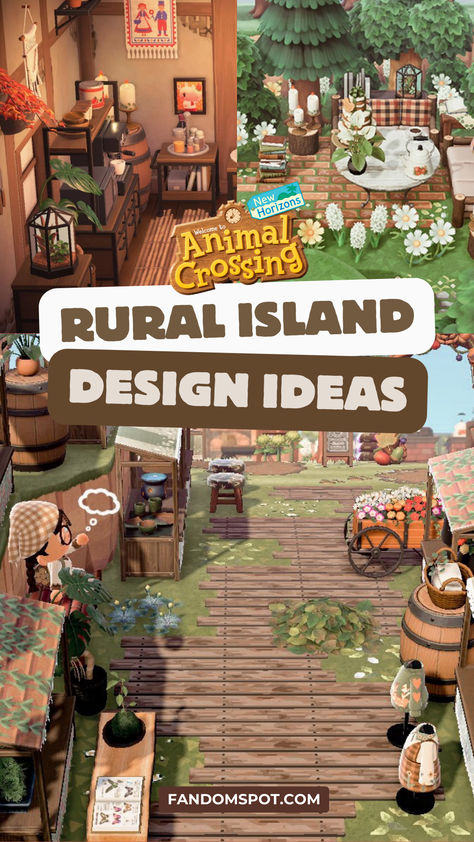 Animal Crossing: New Horizons custom rural island theme designs. Acnh Best Map Layouts, Acnh Countryside Theme, Animal Crossing Resort Island, Animal Crossing Mountain Design, Tree Orchard Animal Crossing, Animal Crossing Construction Ideas, Animal Crossing Wooden Planks Code, Animal Crossing Desert Island, Acnh Island Aesthetic Ideas