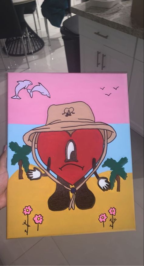 Painting Ideas On Canvas Bad Bunny, Cool Album Covers To Draw, Small Canvas Love Painting, Love Painting Canvas Aesthetic, Trippy Easy Art, Painting Ideas Bad Bunny, Bad Bunny Painting Ideas, Album Cover Paintings Easy, Painted Album Covers On Canvas