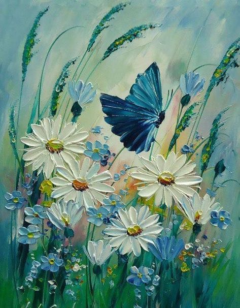 Blue Butterflies, Soyut Sanat Tabloları, Butterfly Painting, Oil Painting Flowers, Beginner Painting, Flower Art Painting, Art Painting Acrylic, Painting Art Projects, Canvas Art Painting