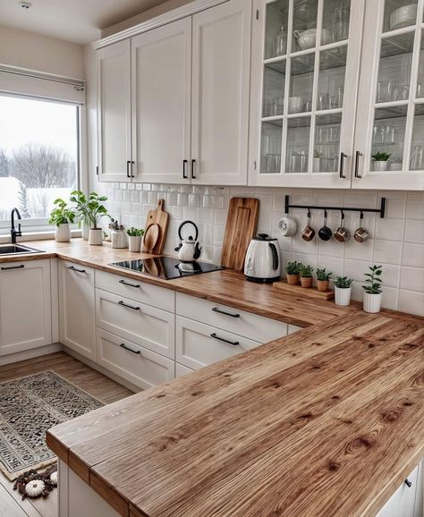 Small Modern Farmhouse Kitchen Ideas, White Wood Cabinets Kitchen, Kitchen Remodel Wood Countertops, Boho Kitchen Countertop, White And Brown Farmhouse Kitchen, White Kitchen Wooden Countertop, Small Vintage Kitchen Remodel, Cream Cabinets With Butcher Block Top, Clean Aesthetic Kitchen