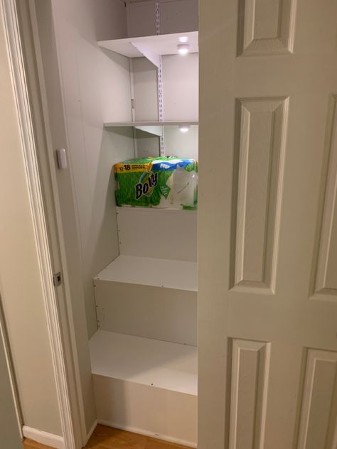 Closet Over Stair Bulkhead, Over The Stairs Closet Ideas, Closet With Slanted Floor, Slanted Closet Floor, Slanted Floor Closet, Closet Above Stairs Slanted Floor Ideas, Slanted Pantry, Slanted Floor Closet Ideas, Closet Over Stairs