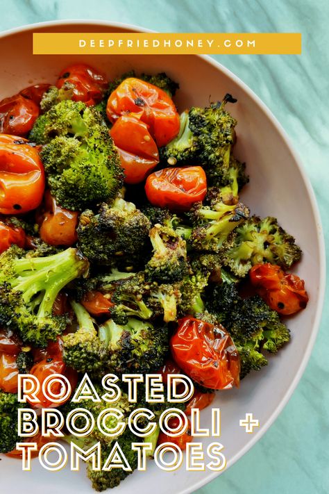 Roasted Broccoli and Tomatoes • deepfriedhoney Roasted Broccoli And Tomatoes, Broccoli Tomato Recipes, Broccoli And Tomato Recipes, Oven Roasted Cherry Tomatoes, Seasoned Broccoli, Sauteed Tomatoes, Red Onion Recipes, Tomato Recipe, Vegetable Fried Rice