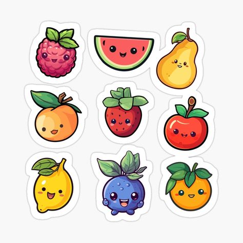 Fruit Doodle, Fruit Stickers, Kawaii Fruit, Fruit Cartoon, Fruits Drawing, Cute Animal Drawings Kawaii, Cartoon Girl Drawing, Cute Doodles Drawings, Cute Fruit