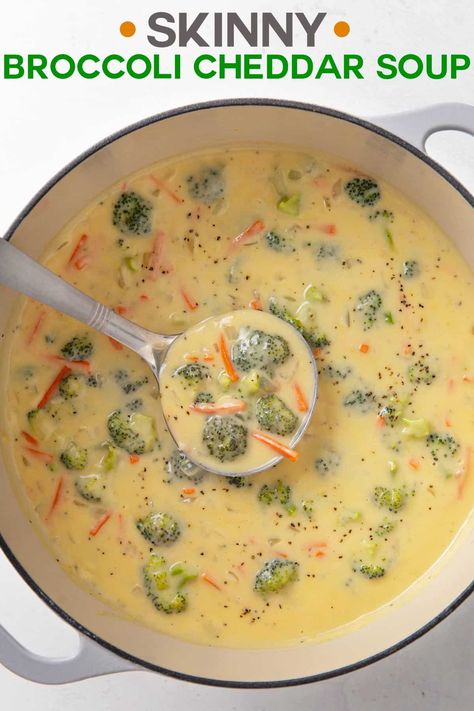 You'll never miss the extra fat in this lightened up version of broccoli cheddar soup using reduced fat ingredients! Macro Friendly Broccoli Cheese Soup, Healthy Broccoli Cheese Soup, Broccoli Soup Healthy, Low Fat Soups, Cheesy Broccoli Soup, Low Calorie Soup, Cream Of Broccoli Soup, Broccoli Soup Recipes, Weight Watchers Soup