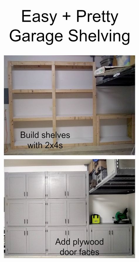 DIY garage shelves with doors Shelves With Doors, Build Garage, Garage Shelves, Workshop Garage, Garage Remodel, Casa Country, Diy Garage Shelves, Diy Garage Storage, Garage Shelf