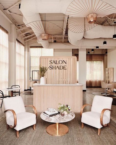 Wood Slat Wall Salon, Open Ceiling Salon, Cute Reception Desk, Open Floor Salon Ideas, Open Floor Plan Hair Salon, Salon Suites Floor Plans, Light And Airy Hair Salon, Beauty Salon Lighting Ideas, Beauty Reception Area