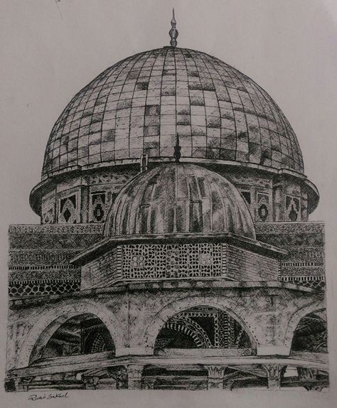 Dome of the Rock Al Aqsa Mosque Drawing Sketches, Dome Of The Rock Sketch, Dome Of The Rock Drawing, Dome Sketch, Dome Drawing, Drawing Mosque, Mosque Sketch, Mosque Painting, Architecture Events