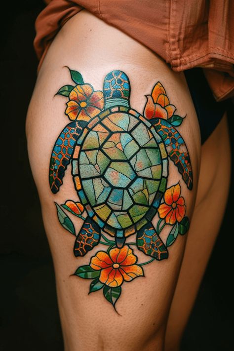 Stunning Sea Turtle Tattoo Ideas You'll Love Turtle Tattoo Designs Drawings, Turtle With Heart Tattoo, Blue Turtle Tattoo, Turtle Memorial Tattoo, Ocean Coral Tattoo, Florida Sleeve Tattoo, Colored Turtle Tattoo, Sea Turtle Thigh Tattoo, Turtle Forearm Tattoo