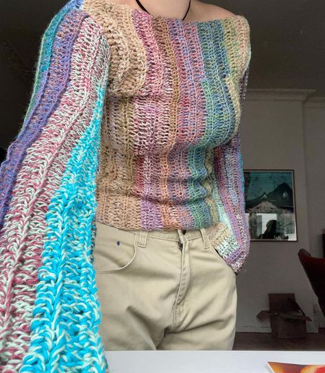 garn gutterne | //SOLD// • Crochet sweater made of second hand yarn, can be worn both ways🍈 DM to buy #yarnspiration #crochet #yarnaddict #hækling… | Instagram Ombre Yarn Crochet Ideas, Treble Crochet Sweater, Leftover Yarn Crochet, Crochet Coquette, Treble Crochet, Leftover Yarn, Knit Projects, Scrap Yarn, Crochet Inspiration