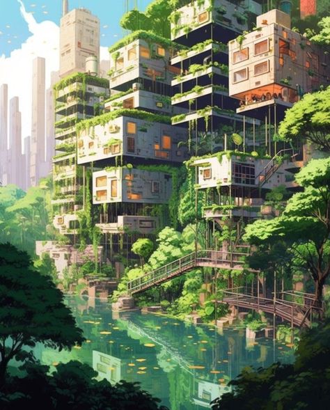 Overgrown Future City, Solar Punk Building, Overgrown Cyberpunk City, Bio Punk City, Over Grown City, Overgrown Cyberpunk, Overgrown City Aesthetic, Solar Punk Minecraft, Solar Punk Art