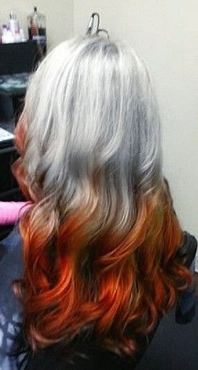 Reverse ombre - silver and red Red And Gray Hair, Silver And Red Hair, Grey And Red Hair, Auburn Ombre Hair, Red Hair Tips, Reverse Ombre Hair, Hair Fairy, Colorful People, Reverse Ombre