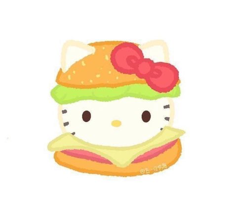 Sanrio Burger, Cinnamonroll Anime, Fast Food Drawing, Burger Doodle, Aesthetic Naranja, Hello Kitty Burger, Hello Kitty Eating, Hamburger Drawing, Cartoon Hamburger