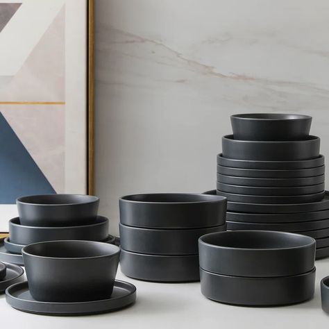 Stone Lain Stoneware Dinnerware Set - Service for 4 & Reviews | Wayfair Stone Lain Dinnerware, Cool Dinnerware Sets, Stoneware Dinnerware Sets Modern, Kitchen Dinnerware Ideas, Kitchenware Aesthetic, Black Dishes, Modern Cups, Black Kitchen Accessories, Black Dinnerware Set