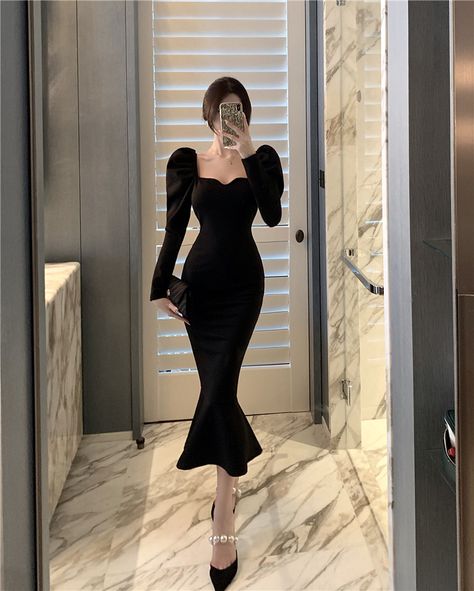 Korean One Piece, Black Long Dress, Black Dresses Classy, Elegant Black Dress, Korean Fashion Dress, فستان سهرة, Vintage Gothic, Black Evening Dresses, Evening Dresses Elegant