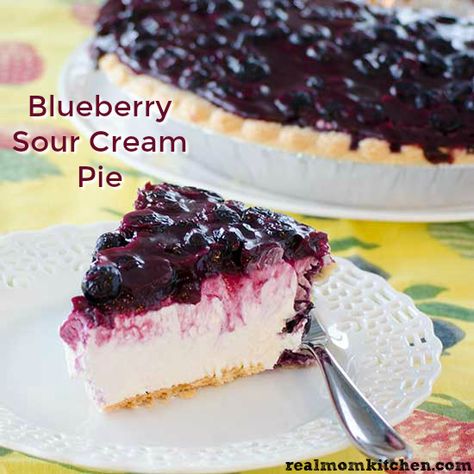 Blueberry Sour Cream Pie | Real Mom Kitchen | dessert Sour Cream Blueberry Pie, Blueberry Sour Cream Pie, Sour Cream Pie, Blueberry Cream Pies, Mom Kitchen, Blueberry Topping, Blueberry Desserts, Pastry Crust, Cracker Crust