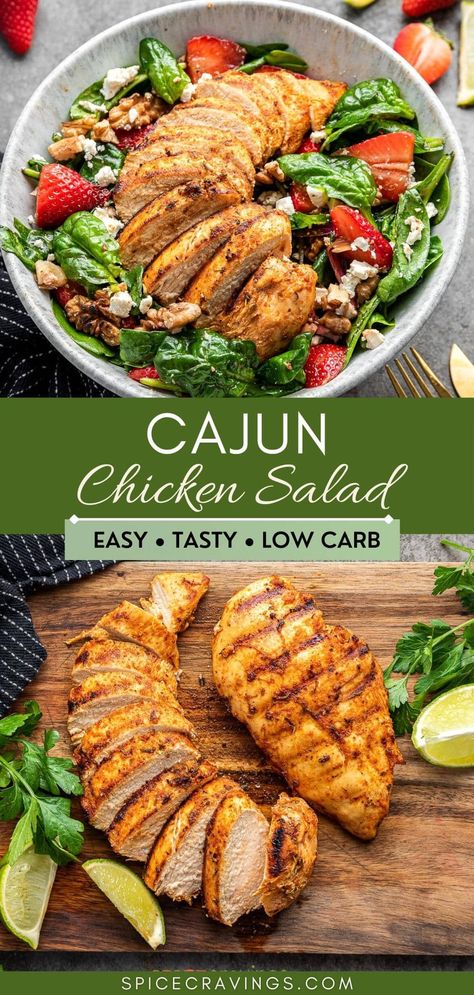 Easy recipe for Cajun Chicken Salad with homemade balsamic dressing. A healthy low-carb meal loaded with lean grilled chicken served over spinach strawberry salad. Cajun Chicken Salad Recipe, Cajun Salad Dressing, Low Carb Cajun, Chicken Tender Salad, Homemade Balsamic Dressing, Cajun Chicken Salad, Cravings Recipes, Strawberry Spinach Salad, Metabolic Balance