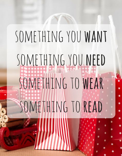 Something you want, something you need, something to wear and something to read poem.  Four gifts for Christmas.  #christmas Christmas Gift Poem, Gift Rule For Christmas, Christms Gifts, Client Gifts Christmas, Something To Read, Book Christmas Gift, Christmas Gift Exchange, Kids Poems, Christmas Poems