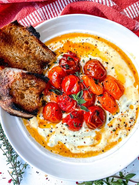 Whipped Feta Dip with Roasted Tomatoes Recipe - Everything Delish Everything Delish, Roasted Tomatoes Recipe, Whipped Feta Dip, Tomatoes Recipe, Grilled Bread, Tomato Dip, Feta Dip, Whipped Feta, Idee Pasto Sano