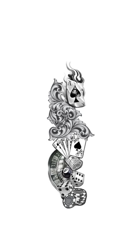 Poker Sleeve Tattoo, Aztec Spine Tattoos For Women, Ryan Ashley Tattoo Designs, Western Card Tattoo Ideas, Eight Ball Tattoo Design, Men’s Small Neck Tat, Casino Theme Tattoo, Victorian Mirror Tattoo, Spade Tattoo Design