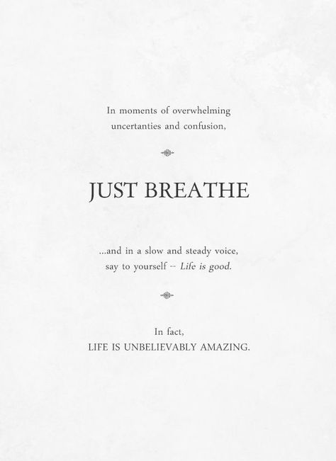 In moments of overwhelming uncertainties and confusion,  JUST BREATHE   ... and in a slow and steady voice,  say to yourself -  Life is good .  In fact,  LIFE IS UNBELIEVABLY AMAZING . Smart Sayings, Breathe Quotes, Beautiful Lifestyle, Quote Inspiration, Winter Beauty, Beautiful Moon, Just Breathe, Quotable Quotes, Good Thoughts