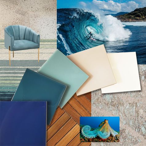 Lisa Chapman of Ideation Design Group says her swtaches mood board was inspired by the sea and "creating an ombre effect as seen in the creatures and waves of the ocean." Lisa envisions specifying Swatches as an "accent wall on an oceanfront project —like a spa or creative office space." Beach Concept Interior, Ocean Concept Interior, Mood Board Sea Inspiration, Ocean Theme Interior Design, Marine Interior Design, Ocean Themed Office, Ocean Mood Board, Ocean Interior Design, Beach Theme Office