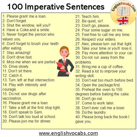 100 Imperative Sentences, Examples of Imperatives Closing Sentences Examples, What Makes A Complete Sentence, Adding Details To Sentences, Imperative Mood, Sentences In English, Imperative Sentences, Declarative Sentences, English Phrases Sentences, Respect Your Elders