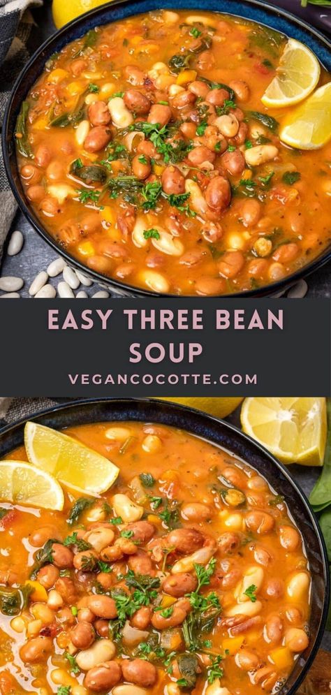 Three Bean Soup, Vegan Bean Soup, Easy Vegan Soup, Bean Soup Recipes, Vegan Soups, Easy Soups, Easy Soup Recipes, Healthy Soup Recipes, Meatless Meals